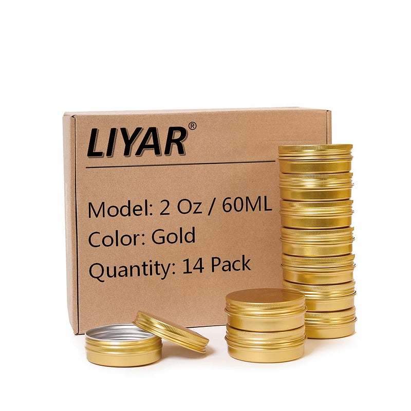 LIYAR 2oz 60ml Metal Storage Tins  Aluminum 2 oz Tins Jars Round Tin Containers  Empty Salve Jars Screw Top Tin Cans for Store Spices Candies Tea or Gift Giving Gold(Pack of 14) - Image 1